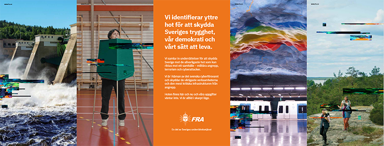 Fem affischer på rad med ett textbudskap i mitten omgivet av bilder på ett vattenkraftverk, ett röstningsbås, tunnelbanestation med regnbågsfärger i taket och människor i natur.
