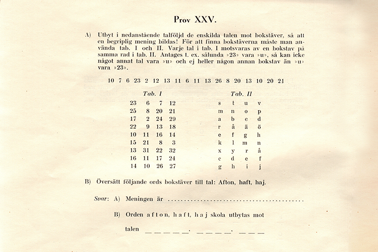 Uppgift ur ett prov på gulnat papper.