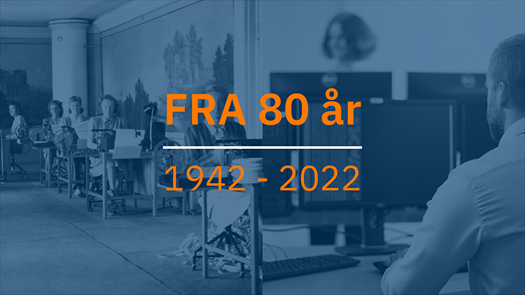 FRA 80 år, kontorslandskap och dataoperatör med texten FRA 80 år - 1942 - 2022.