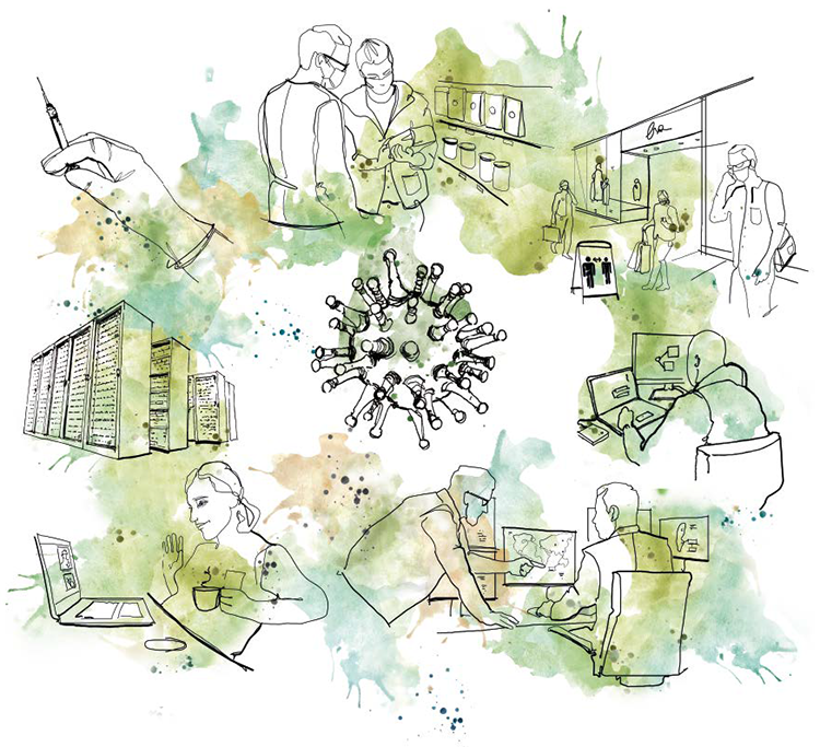 Illustration till rapporten Cybersäkerhet i Sverige i skuggan av en pandemi visar ett antal teckningar med olika former av säkerhetshot