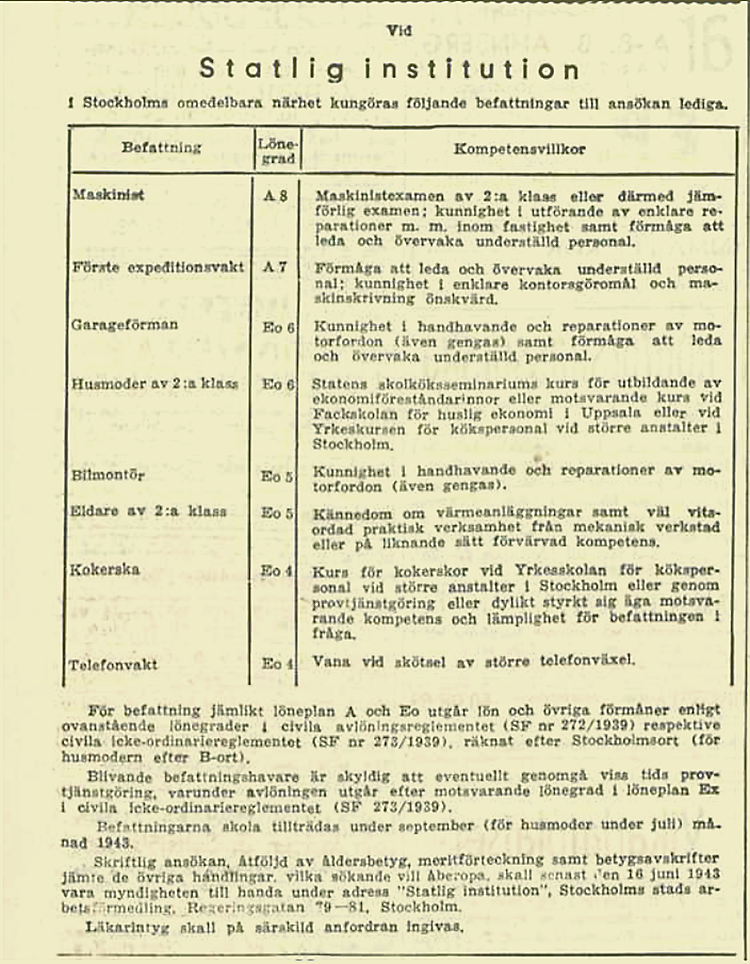 Faksimil av samlingsannons för olika tjänster vid FRA maj 1943. Klicka på bilden för att förstora den.