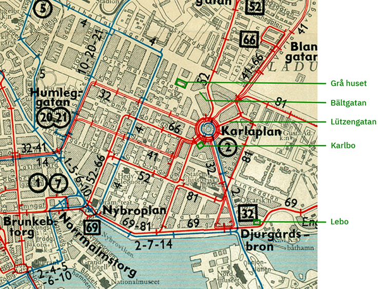 Karta över FRA:s anläggningar på Östermalm, Stockholm. Klicka på bilden för att förstora den.