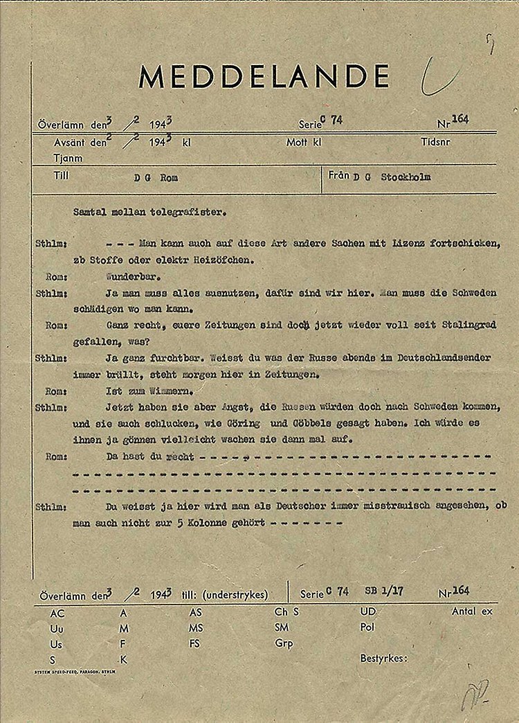Faksimil av Ist zum Wimmern - "chatt" mellan tyska signalister i Stockholm och Rom. Texen finns transkriberad längre ned på denna webbsida. Klicka på bilden för att förstora den.